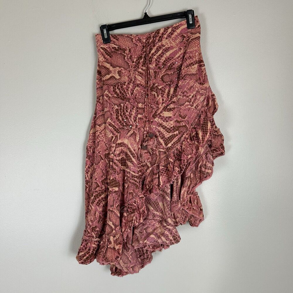 Z&L Ruffle Asymmetric Midi Skirt M Anthropologie Boho Tropical Pink Snake Print